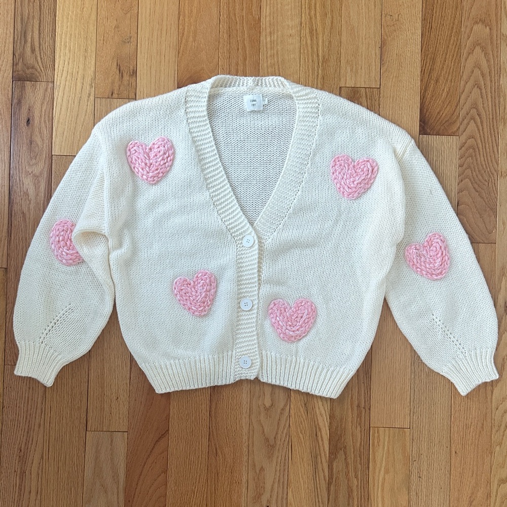 New Luna Ivy Cream Cardigan with Pink Heart Accents in Size Large